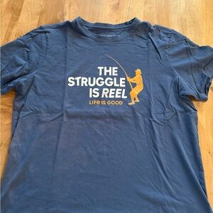 Life Is Good Men's Blue Tee with Fishing Graphic